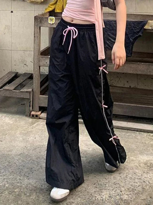 Black Baggy Sports Pants Y2k Bow Drawstring Straight Wide Leg Sweatpants Hip Hop Causal Kpop Mujer Bottoms