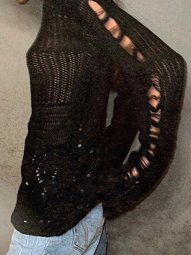 Ripped Full Length Pullovers Knitting Loose Beggar Style Hollow Out Lady T-shirt Harajuku Y2k