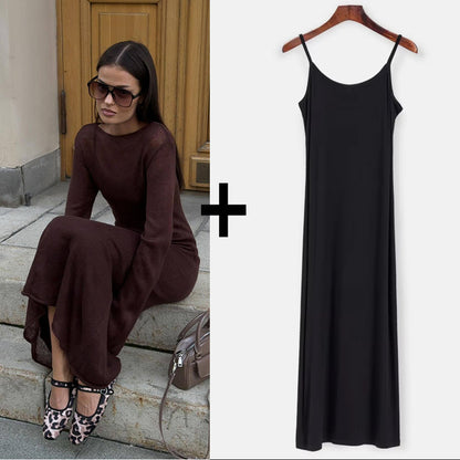 Spring Autumn O-neck Elastic Knit Long Dresses Soft Lady Hollowing Sweater Dresses Femme New