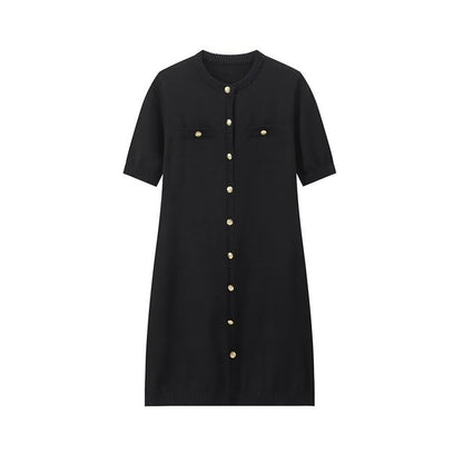 Color Knitted Mini Dress for Metal Button Slim Rib Sweater Dress Holiday Party Outfits Spring New