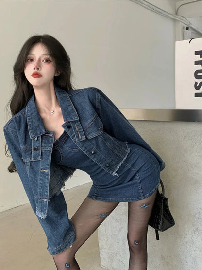 V High Street Denim Suit Spring New Short Coat Jacket Suspenders Tube Top Dress Korean Twopiece Set