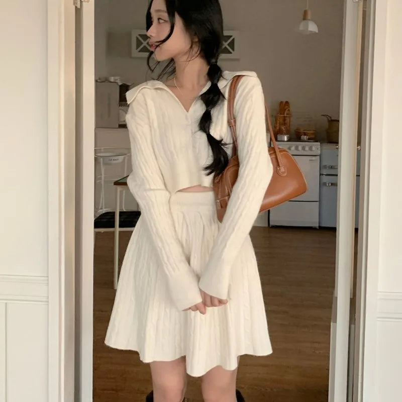 Korean Two-piece Set Pullover Turn-down Collar Crop Top Mini Skirt Suit Autumn New Knitwear Outfits