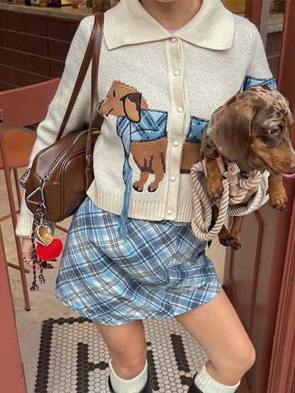 Knitted Printed Dog Cardigan Lapel Single Breasted Short Sweaters Female Autumn Street Knitwear
