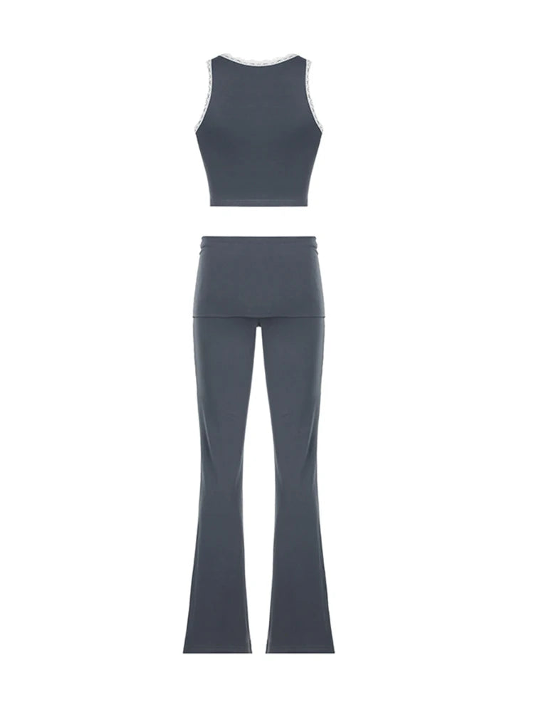 Patchwork Lace Trim Y2k Two Piece Sets Sleeveless Square Collar Skinny Crop Top and Flared Pants Tracksuits
