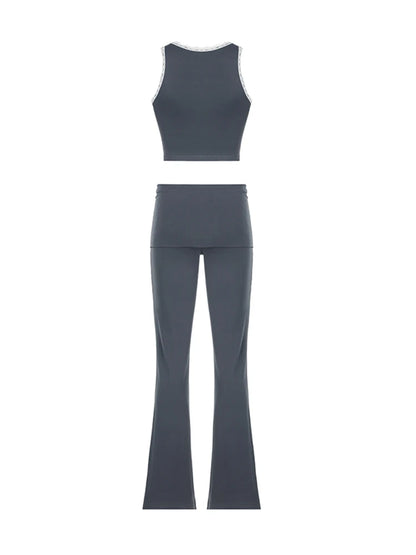 Patchwork Lace Trim Y2k Two Piece Sets Sleeveless Square Collar Skinny Crop Top and Flared Pants Tracksuits