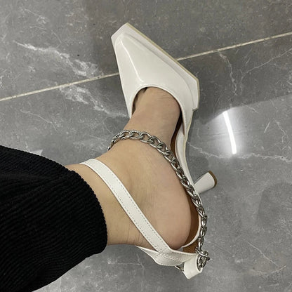 New Buckle Pointed Toe Sandals Metal Chain Sandalias Female Stiletto High Heels Dress Shoes Party Zapatos De Mujer