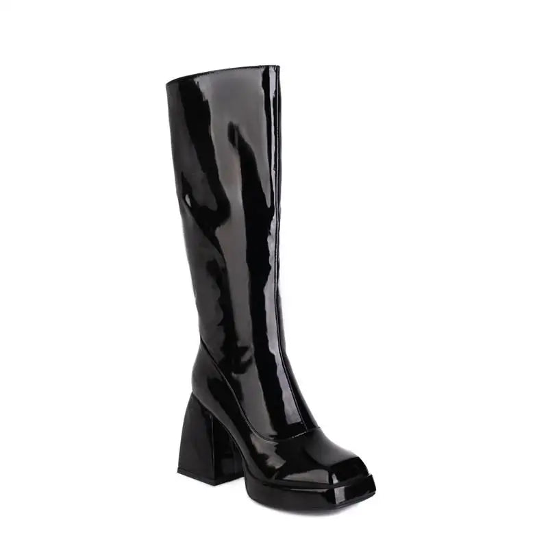Mint Green White Patent Leather Knee High Boots Square High Heels Waterproof Platform Party Fetish Shoes 42 43