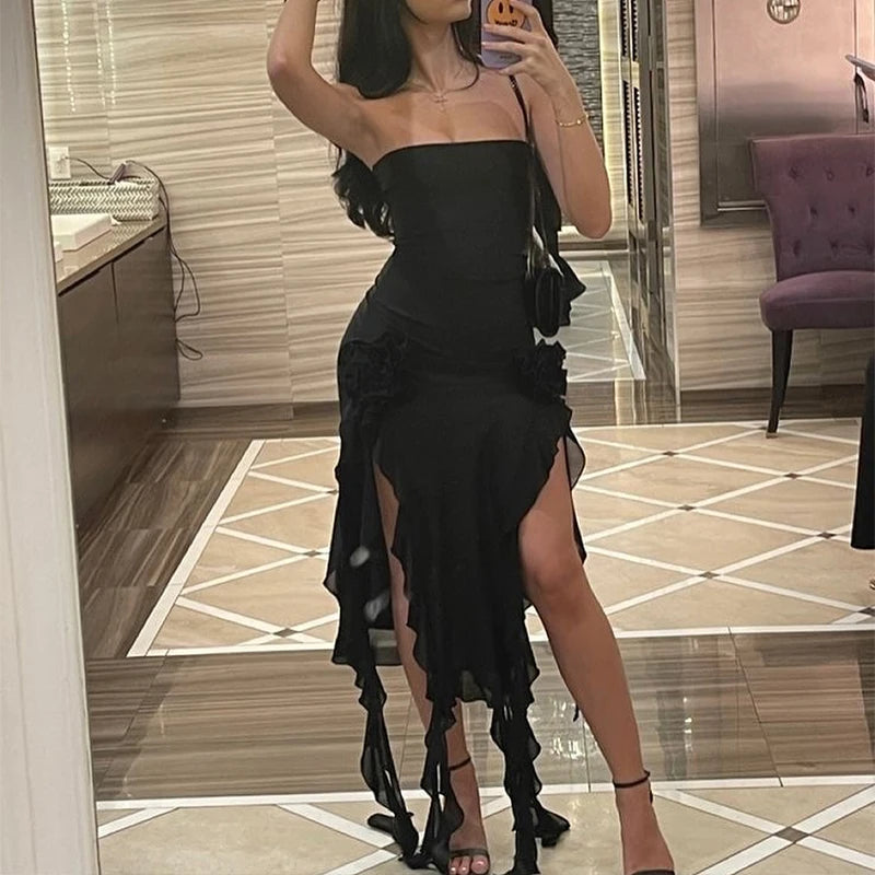 Fold Hem Slit Strapless Mini Dress