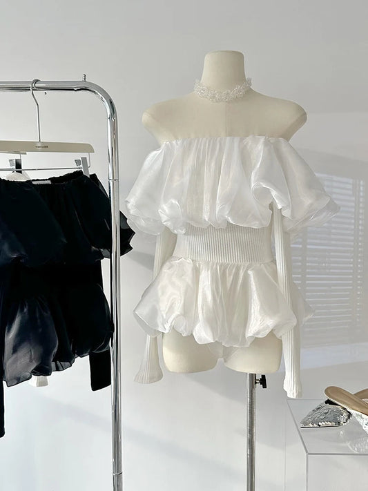 Sweet Chiffon Blouses Hot Slash Neck Thin Shirring Crop Top Office Lady Simple Daily Shirts Ins Y2k Design New Trend