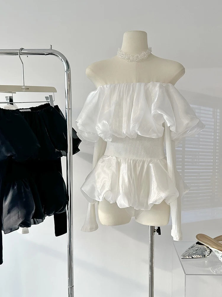 Sweet Chiffon Blouses Hot Slash Neck Thin Shirring Crop Top Office Lady Simple Daily Shirts Ins Y2k Design New Trend