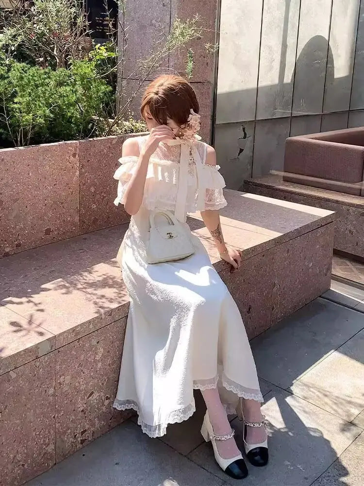 Lace Sweet Cloak Design White Dress Summer New Off Shoulder Bow Short Sleeve Waist Slimming Aline Long Dress for