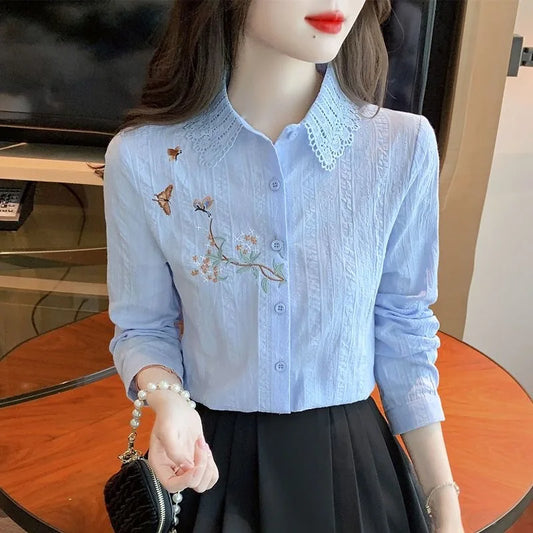 Embroidery Spring Autumn Blouses Shirts Lady Long Sleeve Turn-down Collar Color Blusas Tops Df4775