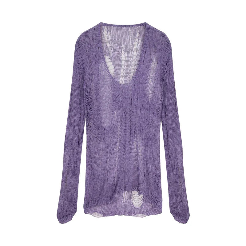 Autumn New High Street Vneck Hollow Loose Longsleeved Sweater + Patchwork Camisole Twopiece Suit