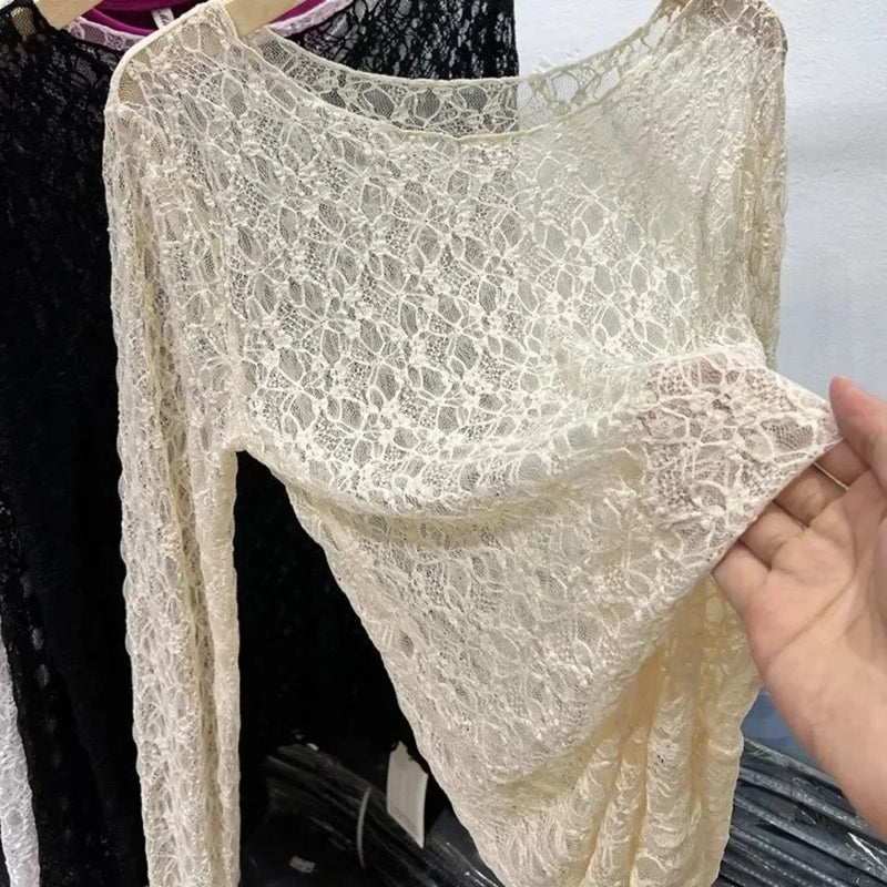 Lace Mesh High Collar Bottom T-shirts Female Long Sleeve Autumn Style Tight Thin Tops T-shirts Clothes