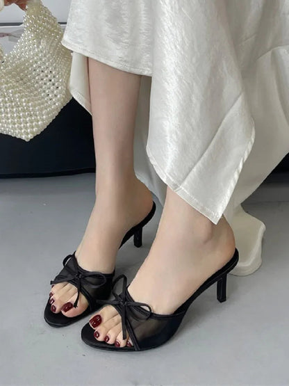 Summer Butterflyknot Breathable Holes Mesh Open Toe Woman Slippers Thin High Heels Party Dress Shoes