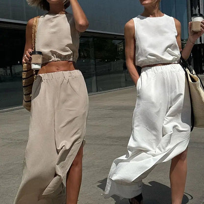 Summer Cotton Linen Loose Pant Two Piece Sets Suits Sleeve Cropped Tops and High Waist Slit Trousers Sets
