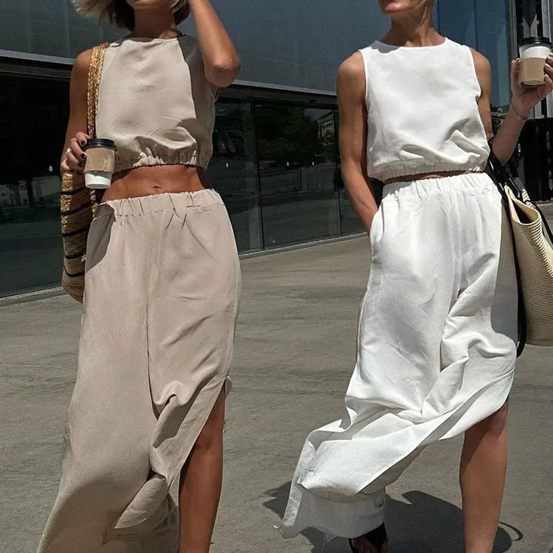 Summer Cotton Linen Loose Pant Two Piece Sets Suits Sleeve Cropped Tops and High Waist Slit Trousers Sets