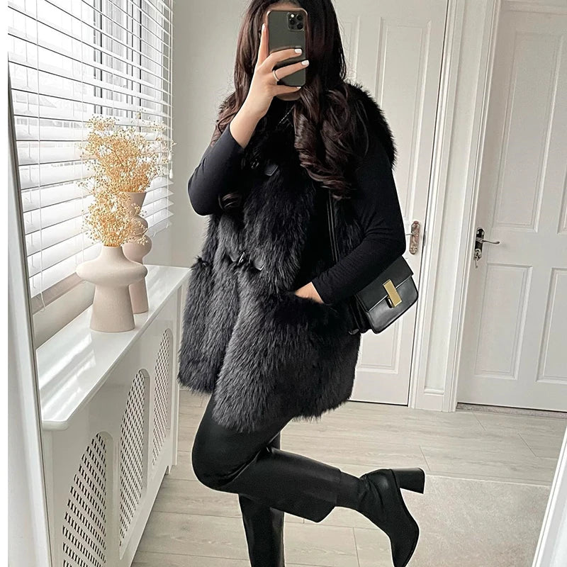 Brand Horn Buttons Long Faux Mink Fur Vest Tops Winter Sleeveless Overcoats Shaggy Waistcoat Gilets Casaco