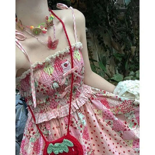 Japan Kawaii Dress Strawberry Stitching Suspender Skirt Laceup Cardigan Japanese Style Sweet