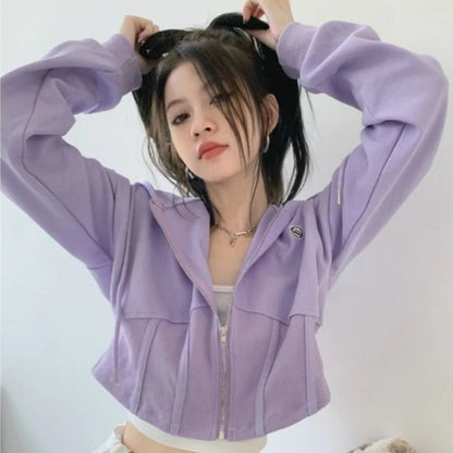 Zip Up Sweatshirts Slim Korean Style Cropped Hoodies Female Sweet Basic Sportswear