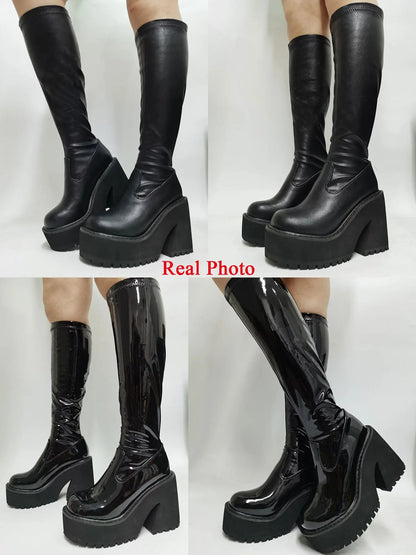 Platform Chunky High Heeled Knee High Boots Cool Round Toe Sweet Heeled Boots Gothic Uniform Dress Shoes