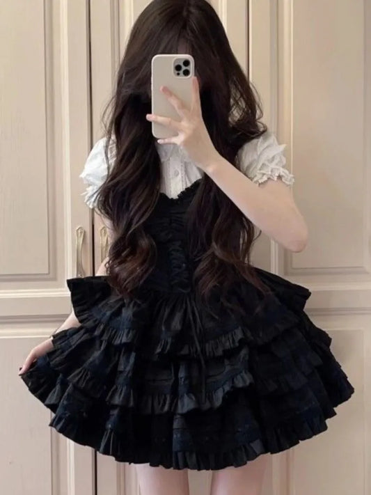 Y2k Two-piece Dress Set Puff Sleeve Shirt Black A-line Ruffles Cake Mini Dress Korean Suit Summer New Outfit