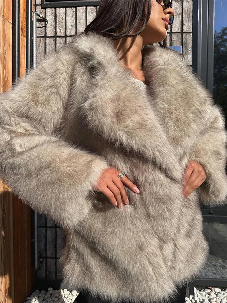 Furffy Thicken Jackets Faux Fur Loose Lapel Long Sleeves Warm Coats Female Winter Soft Outwears Lady