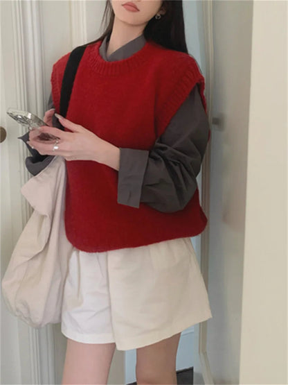 New Red Sweaters Vest Loose Daily Knitwear All Match Winter Pullovers Gentle Slim