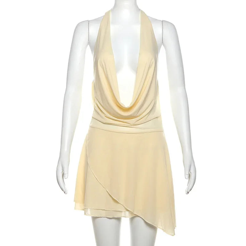 V-neck Mini Dress for Ruffled Backless Lace-up Patchwork Mesh Autumn New Slim Female Party Dress
