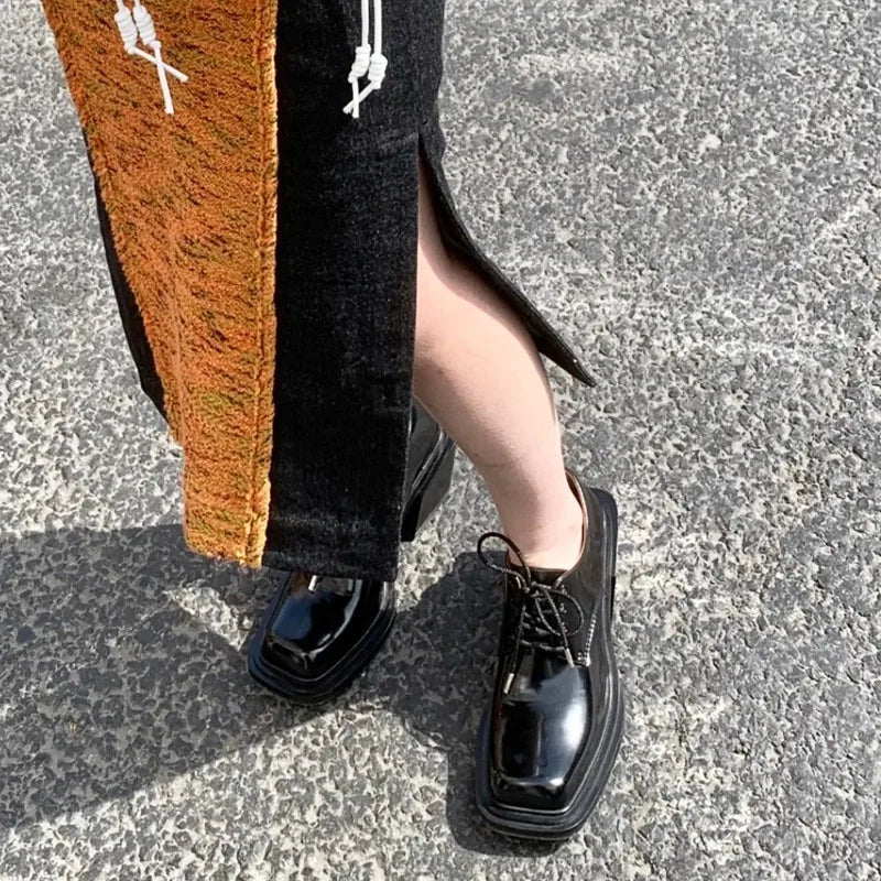Square Toe Lace Up Pumps Japanese Style Thick Heel Heightening High Heels Personalized Patent Leather Color Shoes