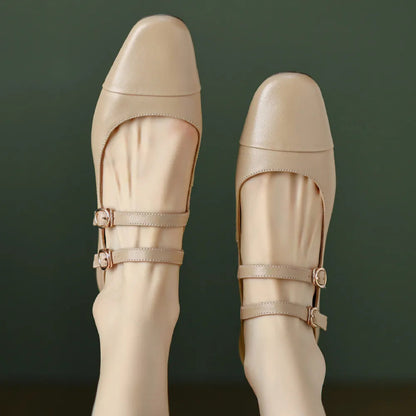 Cow Leather Round Toe Double Metal Buckle Round Toe Mary Jane Flats Leisure Soft Comfortable Ballerinas Shoes Hot