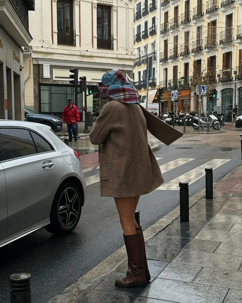 Retro Striped Scarf Collar Wool Blends Jacket Pockets Single Breasted Full Sleeve Coat Lady New Outwear