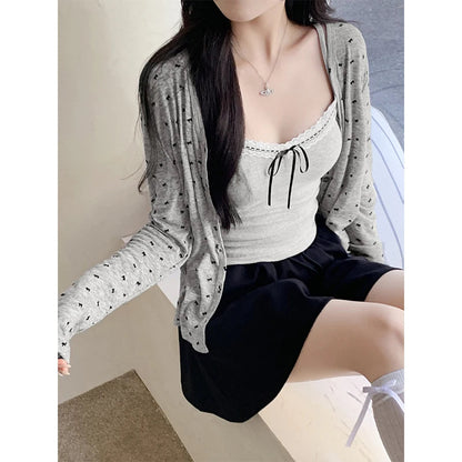 French White Bow Print Long Sleeved Knitted Sweater Spring Autumn New Gray Versatile Cardigan Tops Clothes Trend