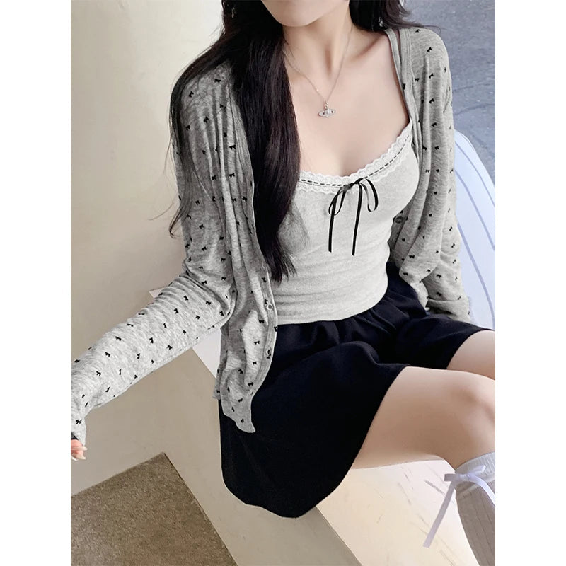 French White Bow Print Long Sleeved Knitted Sweater Spring Autumn New Gray Versatile Cardigan Tops Clothes Trend
