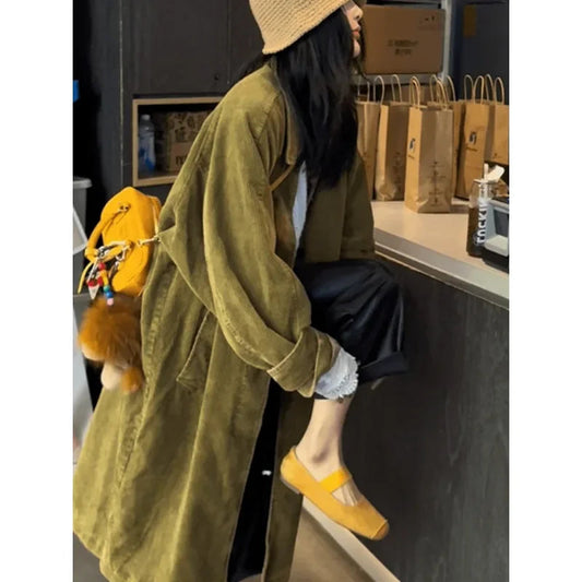 Corduroy Trench Coats Y2k Clothing Korean 2000s American Retro Jacket Overcoats Outwear Autumn