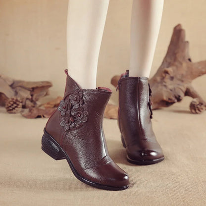 Autumn and Winter New Pu Leather Shoes Style Flower Ankle Boots Soft Sole