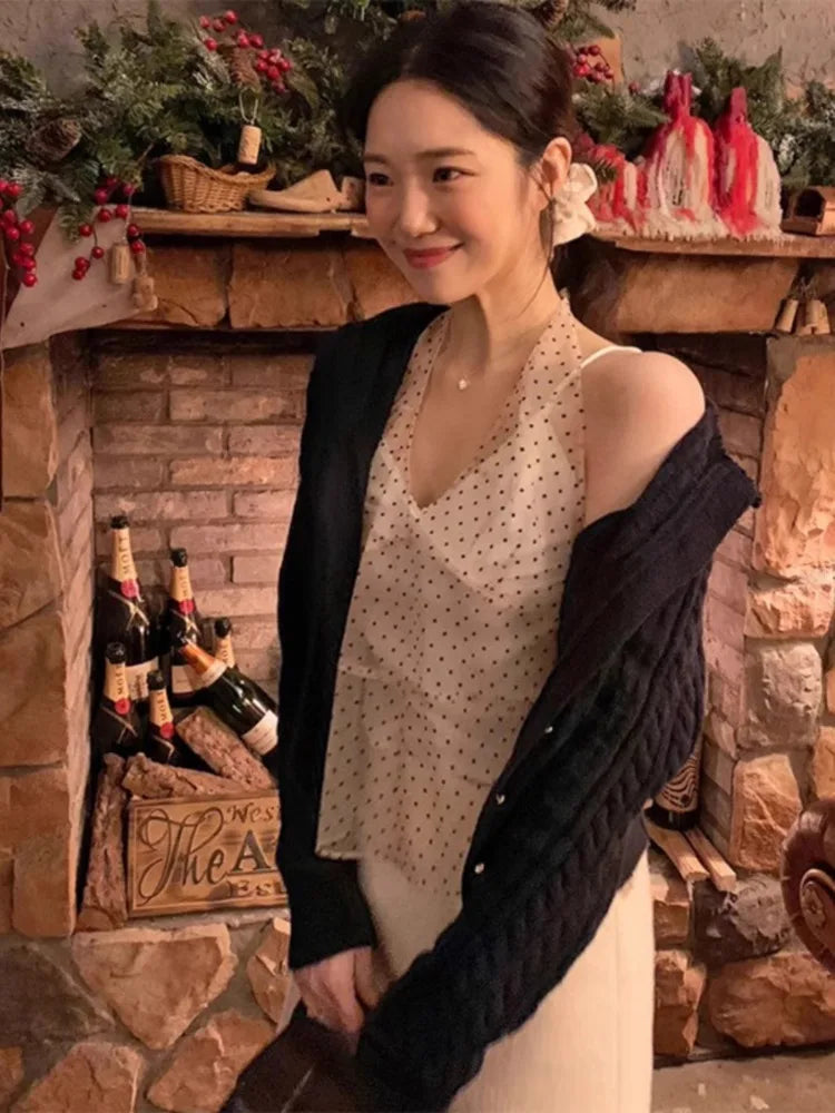 Vneck Seethrough Waistcoat Polka Dot Y2k Top Halter Fold Vest Woman Tanks Korean Ropa De Mujer