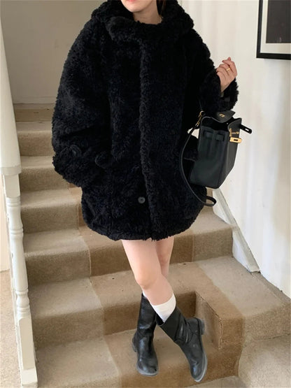 Winter Loose Lamb Wool Coats Gentle Thicken Office Lady All Match Hooded Warm Daily