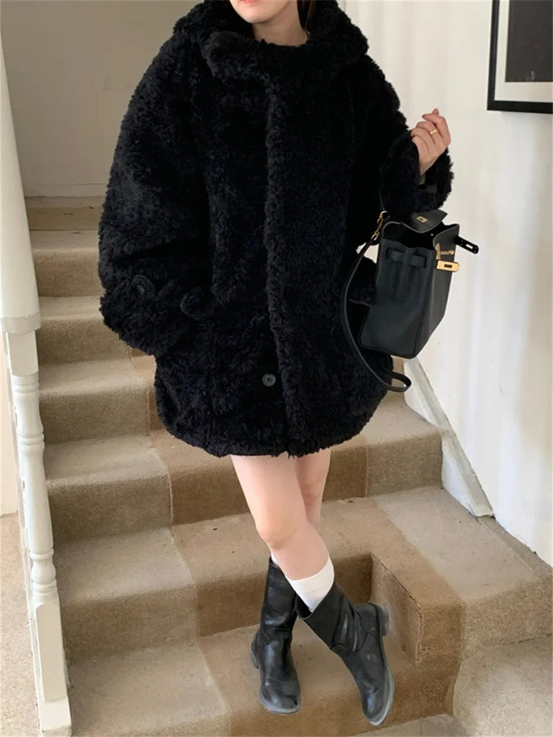 Winter Loose Lamb Wool Coats Gentle Thicken Office Lady All Match Hooded Warm Daily