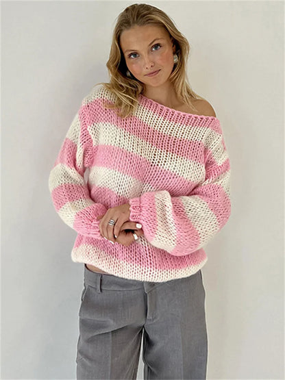Knit Sweater Pullover Female Striped Hollow Out Loose Contrast Long Sleeve Patchwork Autumn Knitwear ’s Sweater