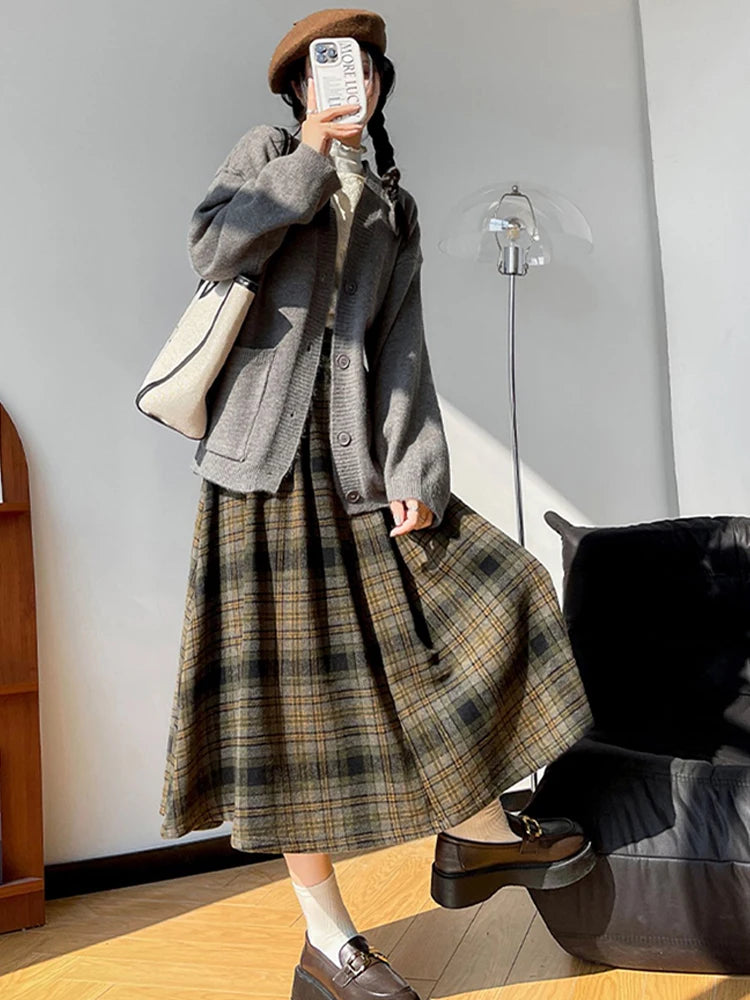 Autumn Winterthicken Warm Pockets Plaid Woolen Skirts for Female Loose High Waist Midi Skirt