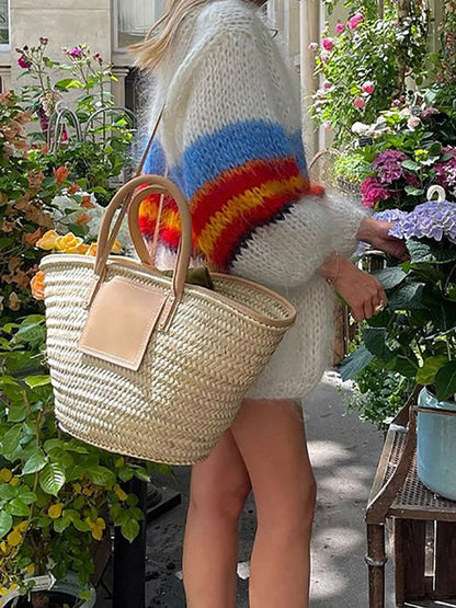 V Neck Simple Patchwork Striped Sweaters, Autumn Winter Long Lantern Sleeve Cardigan, Loose Knitted Tops