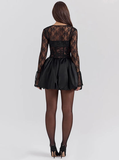 Black Lace Puffball Mini Dress for Lace-up Sheer Long Flare Sleeve High Waist Club Party Dress