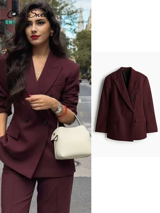 Burgundy Lapel Blazer Coat Double Breasted Full Sleeve Pocket Jacket Fall New Female Commute Outwear