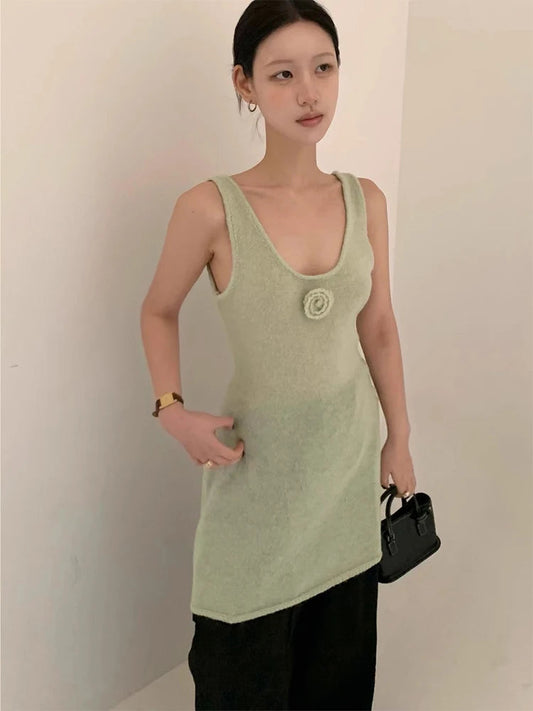 Three Dimensional Flower Knitted Vest Dress Summer New Design Looks Slim Can Be Worn in a Short Skirt