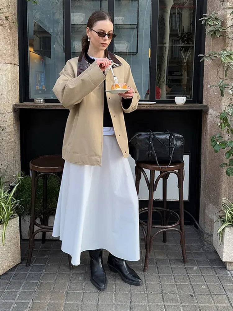 Leather Collar Cargo Jacket Button Down Plaid Pattern Patchwork Jackets Contrast Color Trench Coat Loose Outwear