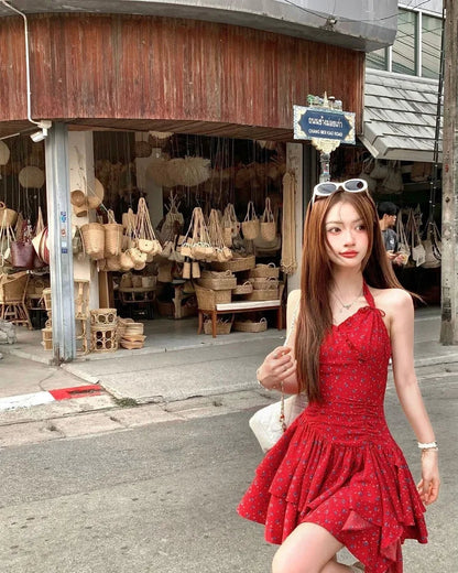 Woman Dresses Printed Sleeveless Halter Irregular Ruffles Bow Bandage Backless Mini Dress Sweet Party