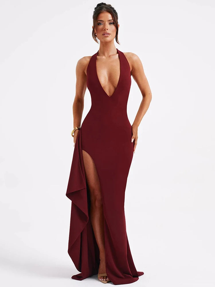 Deep V Neck Thigh High Split Maxi Dress Halter Sleeveless Backless Bodycon Club Party Long Dress New