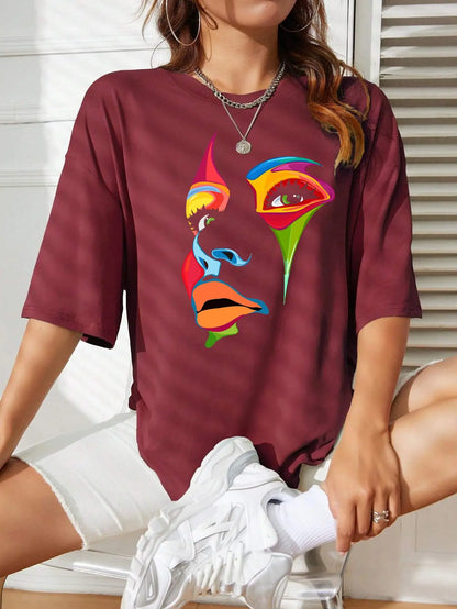 Painted Lady Face Personality Design Print T Shirt Female Street Comfortable T-shirt Soft Tops Breathable Short Sleeve