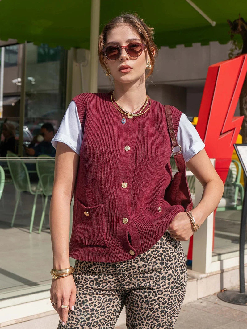 Pocket Cardigan Vest O Neck Single Breasted Sleeveless Knit Waistcoat New Simple Sweater Jacket